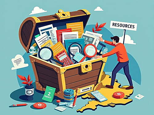 A treasure chest bursting with entrepreneurial tools like magnifying glasses, calculators, and documents, set on a UK map, symbolizing abundant resources for UK entrepreneurs, with a signpost labeled 'Free Resources' and an entrepreneur reaching for the chest
